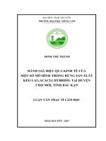 Đánh giá hiệu quả kinh tế của một số mô hình trồng rừng sản xuất keo lai (Acacia Hybrids) tại huyện Chợ Mới, tỉnh Bắc Kạn (Luận văn thạc sĩ)