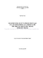 SO SÁNH NĂNG SUẤT và PHẨM CHẤT gạo của 10 GIỐNG DÒNG lúa THƠM vụhè THU 2005 tại THỊ xã sóc TRĂNG TỈNH sóc TRĂNG 