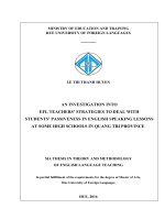 Nghiên cứu về các chiến lược của giáo viên tiếng anh để giải quyết tình trạng thụ động của học sinh trong giờ học nói tại một số trường trung học phổ thông ở Quảng Trị (FULL TEXT)