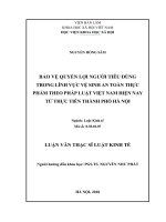 Bảo vệ quyền lợi người tiêu dùng trong lĩnh vực vệ sinh san toàn thực phẩm theo pháp luật việt nam từ thực tiễn thành phố hà nội ( Luận văn thạc sĩ)