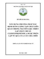 Xây dựng phương pháp xác định hàm lượng tạp chất liên quan trong nguyên liệu thiết lập chất chuẩn cleistonkinensis a được phân lập từ quả của cây chà chôi 