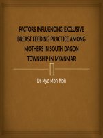 Yếu tố ảnh hưởng đến thực hành cho con bú ở những bà mẹ tại Phía nam Thị trấn Dagon_FACTORS INFLUENCING EXCLUSIVE BREAST FEEDING PRACTICE AMONG MOTHERS IN SOUTH DAGON TOWNSHIP IN MYANMAR