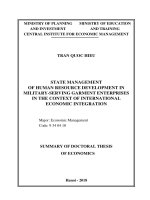 Quản lý nhà nước về phát triển nguồn nhân lực ở các doanh nghiệp may phục vụ quân đội trong điều kiện hội nhập kinh tế quốc tế (tt) 