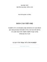 BÁO CÁO TIẾN ĐỘ luận văn thạc sỹ đề tài NGHIÊN CỨU CƠ SỞ KHOA HỌC ĐỂ ĐỀ XUẤT GIẢI PHÁP   QUY HOẠCH BẢO TỒN BỀN VỮNG TÀI NGUYÊN RỪNG  CỦA KHU BẢO TỒN THIÊN NHIÊN NGỌC LINH,  TỈNH QUẢNG NAM