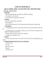 Giáo án Sinh học 8 bài 15: Đông máu và nguyên tắc truyền máu