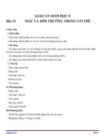 Giáo án Sinh học 8 bài 13: Máu và môi trường trong cơ thể