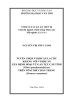 Tuyển chọn vi khuẩn lactic kháng với vi khuẩn gây bệnh hoại tử gan tụy cấp tính (vibrio parahaemolyticus) trên tôm thẻ chân trắng (penaeus vannamei) tt 