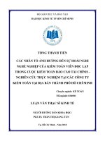 Các nhân tố ảnh hưởng đến sự hoài nghi nghề nghiệp của kiểm toán viên độc lập trong cuộc kiểm toán báo cáo tài chính – nghiên cứu thực nghiệm tại các công ty kiểm toán tại địa bàn thành phố hồ chí minh 