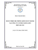 Hoàn thiện hệ thống kiểm soát nội bộ tại Công ty Cổ phần Bóng đèn Điện Quang: luận văn thạc sĩ kế toán
