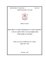 KIẾN THỨC và THỰC HÀNH QUẢN lý CHẤT THẢI rắn y tế của NHÂN VIÊN y tế tại 3 BỆNH VIỆN TỈNH NGHỆ AN năm 2018 
