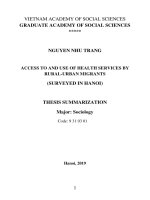 Tiếp cận và sử dụng dịch vụ y tế của nhóm người nhập cư từ nông thôn vào thành phố (qua khảo sát tại thành phố hà nội) tt tiếng anh 
