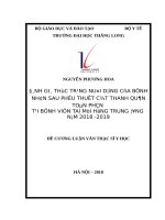 ĐÁNH GIÁ THỰC TRẠNG NUÔI DƯỠNG của BỆNH NHÂN SAU PHẪU THUẬT cắt THANH QUẢN TOÀN PHẦN tại BỆNH VIỆN TAI mũi HỌNG TRUNG ƯƠNG năm 2018  2019 