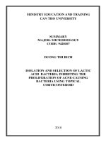 Phân lập và tuyển chọn vi khuẩn lactic có khả năng kháng vi sinh vật gây bội nhiễm mụn trứng cá do sử dụng sản phẩm chứa corticoid tt tiếng anh 