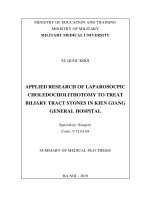 Nghiên cứu ứng dụng phẫu thuật nội soi mở ống mật chủ lấy sỏi điều trị sỏi đường mật chính tại bệnh viên đa khoa kiên giang tt tiếng anh 