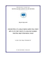 Ảnh hưởng của hoạt động kiểm tra thuế đến tuân thủ thuế của doanh nghiệp  trường hợp tỉnh đồng tháp 