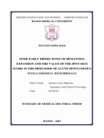 Một số yếu tố dự báo sớm KMT lan rộng và giá trị của thang điểm “spot sign” trong tiên lượng chảy máu não tự phát giai đoạn cấp tt tiếng anh 