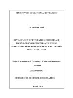 Xây dựng các tiêu chí đánh giá và chỉ tiêu kinh tế kỹ thuật để đảm bảo hoạt động bền vững của nhà máy xử lý nước thải đô thị tt tiếng anh 