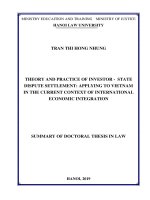 Summary of Doctoral thesis in Law: Theory and practice of investor state dispute settlement - Applying to vietnam in the current context of international economic integration