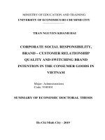 Summary of Economic Doctoral thesis: Corporate social responsibility, brand - customer relationship quality and switching brand intention in the consumer goods in Vietnam