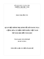 Tóm tắt Luận văn tiến sĩ Lịch sử: Quan hệ chính trị, kinh tế Liên bang Nga - Cộng hòa Xã hội chủ nghĩa Việt Nam từ năm 2001 đến năm 2015