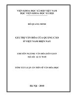 Tóm tắt luận văn Tiến sĩ Văn hóa học: Giá trị văn hoá của quảng cáo ở Việt Nam hiện nay
