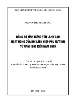 Tóm tắt Luận văn tiến sĩ Lịch sử: Đảng bộ tỉnh Hưng Yên lãnh đạo hoạt động của Hội Liên hiệp phụ nữ tỉnh từ năm 1997 đến năm 2015