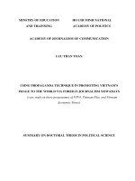 Summary on Doctoral thesis in Political science: Using propaganda technique in promoting Vietnam’s image to the world via foreign journalism nowadays (Case study on three programmes of VTV4,