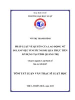 Tóm tắt Luận văn thạc sĩ Luật học: Pháp luật về quyền của lao động nữ đi làm việc ở nước ngoài qua thực tiễn áp dụng tại tỉnh Quảng Trị
