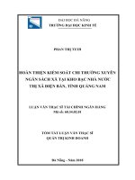Tóm tắt Luận văn Thạc sĩ Quản trị kinh doanh: Hoàn thiện kiểm soát chi thường xuyên ngân sách xã tại Kho bạc Nhà Nước thị xã Điện Bàn, tỉnh Quảng Nam