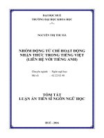 Tóm tắt Luận án Tiến sĩ Ngôn ngữ học: Nhóm động từ chỉ hoạt động nhận thức trong tiếng Việt (liên hệ với tiếng Anh)