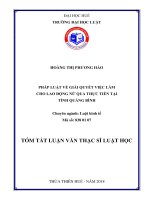 Tóm tắt Luận văn thạc sĩ Luật học: Pháp luật về giải quyết việc làm cho lao động nữ, qua thực tiễn tại tỉnh Quảng Bình
