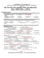 Đề thi thử tốt nghiệp THPT quốc gia lần 01 có đáp án năm 2016 môn: Tiếng Anh