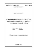 Tóm tắt Luận án Tiến sĩ Kinh tế: Hoàn thiện kế toán quản trị chi phí tại các công ty sản xuất xi măng trên địa bàn tỉnh Hải Dương