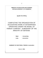 Summary of doctoral thesis in economics: Completing the organization of accounting work at enterprises operating under the model of parent company - subsidiary of the Ministry of Defense