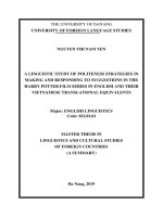 A linguistic study of politeness strategies in making and responding to suggestions in the harry potter film series in english and their vietnamese translational equivalents (tt) 