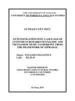 An investigation into language of attitude in remarks of english and vietnamese music gameshows from the framework of appraisal (tt) 