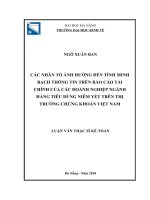 Các nhân tố ảnh hưởng đến tính minh bạch thông tin trên báo cáo tài chính của các doanh nghiệp ngành hàng tiêu dùng niêm yết trên thị trường chứng khoán việt nam 