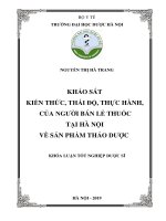 KHẢO SÁT KIẾN THỨC, THÁI ĐỘ, THỰC HÀNH, CỦA NGƢỜI BÁN LẺ THUỐC TẠI HÀ NỘI VỀ SẢN PHẨM THẢO DƢỢC KHÓA LUẬN TỐT NGHIỆP DƢỢC SĨ