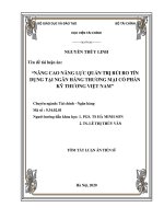 Tóm tắt Luận án tiến sĩ Kinh tế: Nâng cao năng lực quản trị rủi ro tín dụng tại Ngân hàng TMCP Kỹ thương Việt Nam
