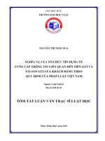 Tóm tắt Luận văn thạc sĩ Luật học: Nghĩa vụ của tổ chức tín dụng về cung cấp thông tin liên quan đến tiền gửi và tài sản gửi của khách hàng theo quy định của pháp luật Việt Nam