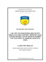Các yếu tố ảnh hưởng đến quyết định lựa chọn chương trình du lịch (tour) nội địa của du khách (nghiên cứu tại công ty TNHH du lịch lửa việt)​ 