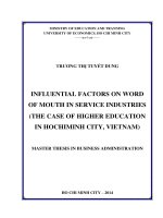 Influential factors on word of mouth in service industries (The case of higher education in Ho Chi Minh City , Vietnam ) : Luận văn thạc sĩ