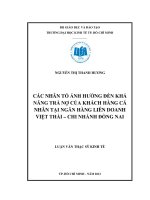 Các nhân tố ảnh hưởng đến khả năng trả nợ của khách hàng cá nhân tại nhân hàng liên doanh Việt thái - Chi nhánh Đồng Nai