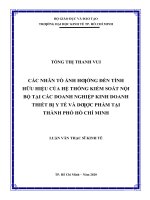 Các nhân tố ảnh hưởng đến tính hữu hiệu của hệ thống kiểm soát nội bộ tại các doanh nghiệp kinh doanh thiết bị y tế và dược phẩm trên địa bàn thành phố hồ chí minh 