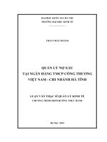 Quản lý nợ xấu tại Ngân hàng TMCP Công thương Việt Nam - Chi nhánh Hà Tĩnh : Luận văn ThS. Kinh doanh và quản lý: 60 34 01