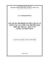 Xây dựng mô hình tổ chức quản lý công tác lưu trữ tại Trường Đại học Kỹ thuật – Hậu cần Công an nhân dân :  Luận văn ThS. Văn thư - Lưu trữ - Bảo tàng: 60 32 03