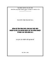 Đảng bộ tỉnh Vĩnh Phúc lãnh đạo thực hiện nhiệm vụ đào tạo nguồn nhân lực cho nông nghiệp từ năm 1997 đến năm 2013:  Luận án TS. Nhân văn khác: 62 22 03