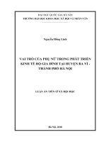 Vai trò của phụ nữ trong phát triển kinh tế hộ gia đình tại huyện Ba Vì- thành phố Hà Nội :  Luận án TS. Xã hội học và Nhân học: 623103