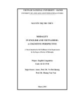 Modality in English and Vietnamese: A Cognitive Perspective = tính tình thái trong tiếng Anh và tiếng Việt: nghiên cứu từ góc độ tri nhận. Doctor thesis Linguistics: 62 22 15 01