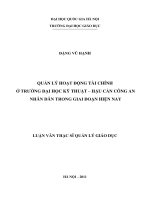 Quản lý hoạt động tài chính ở trường đại học Kỹ thuật - hậu cần công an nhân dân trong giai đoạn hiện nay: Luận văn ThS. Giáo dục học: 60 14 05